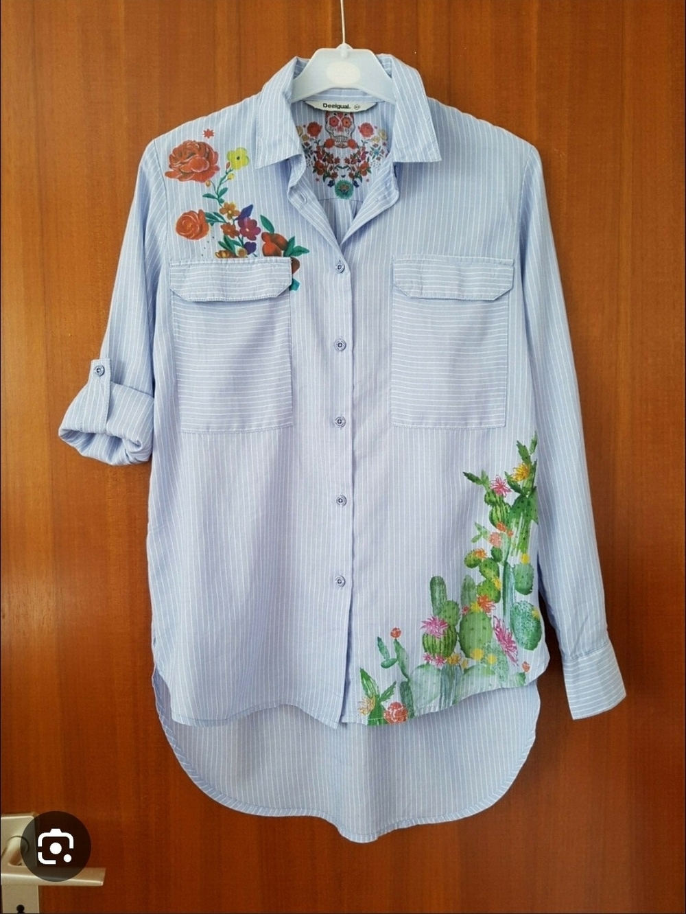 Desigual Light Blue Pinstripe Button-Down with Floral Embroidery